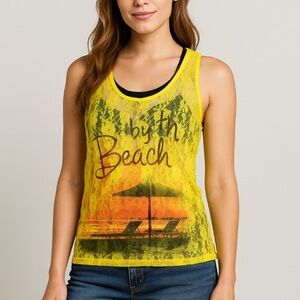 OP Yellow Lace Beach Cover Up Tank “By the Beach” Boho Surfer Sheer Layers XL